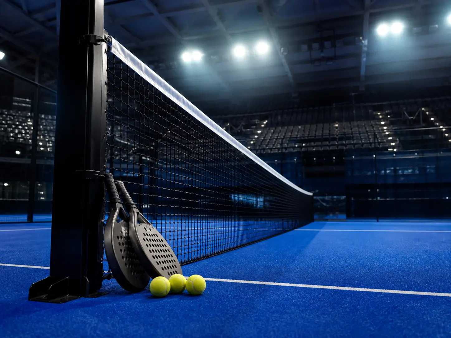 Pelotas junto a la red de una cancha de padel iluminada