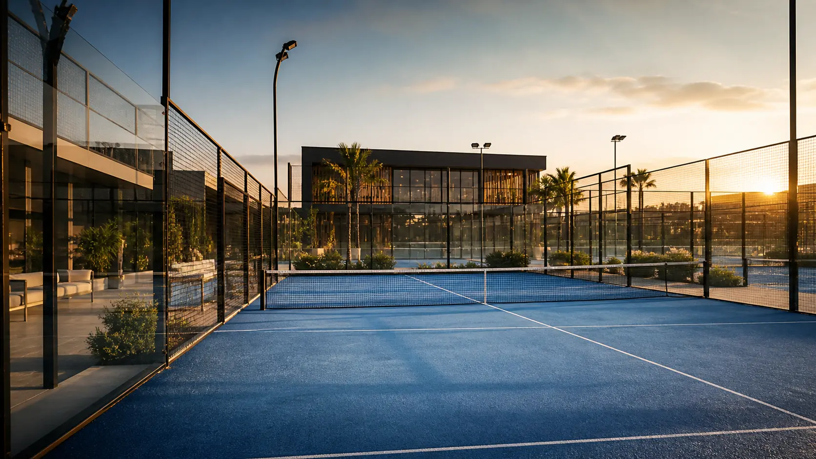 Cancha de padel azul preparada para competencia al atardecer